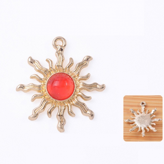 Picture of Zinc Based Alloy & Acrylic Galaxy Pendants KC Gold Plated Red Sun 3cm x 2.7cm, 10 PCs