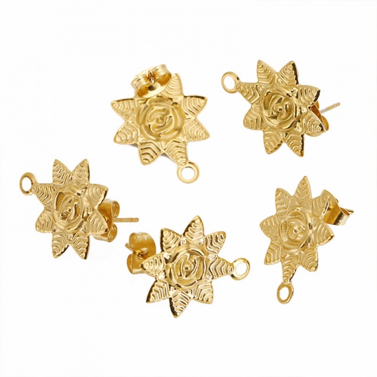 Picture of 304 Stainless Steel Ear Post Stud Earrings Gold Plated Sunflower With Stoppers 15mm x 18mm, Post/ Wire Size: (21 gauge), 2 PCs