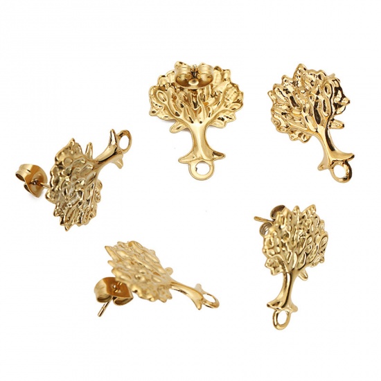 Picture of 304 Stainless Steel Ear Post Stud Earrings Gold Plated Tree of Life With Stoppers 16mm x 21mm, Post/ Wire Size: (21 gauge), 2 PCs
