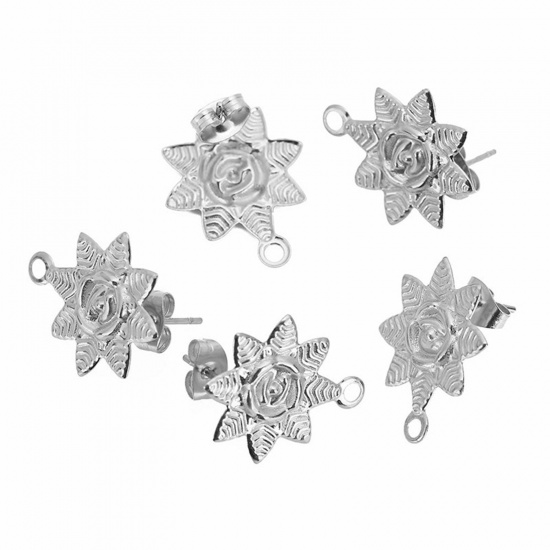 Picture of 304 Stainless Steel Ear Post Stud Earrings Silver Tone Sunflower With Stoppers 15mm x 18mm, Post/ Wire Size: (21 gauge), 2 PCs