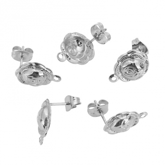 Picture of 304 Stainless Steel Ear Post Stud Earrings Silver Tone Rose Flower With Stoppers 10.5mm x 14mm, Post/ Wire Size: (21 gauge), 2 PCs