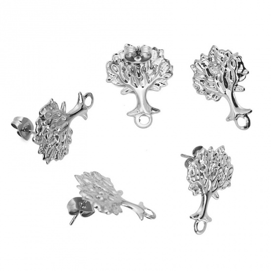 Picture of 304 Stainless Steel Ear Post Stud Earrings Silver Tone Tree of Life With Stoppers 16mm x 21mm, Post/ Wire Size: (21 gauge), 2 PCs