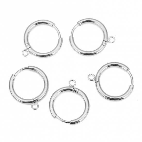 Picture of 304 Stainless Steel Hoop Earrings Round Silver Tone With Loop 16mm x 2mm, 2 PCs