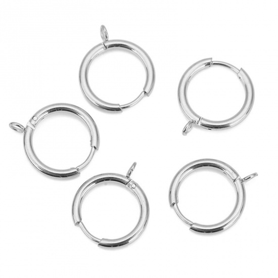 Picture of 304 Stainless Steel Hoop Earrings Round Silver Tone With Loop 16mm x 2mm, 2 PCs