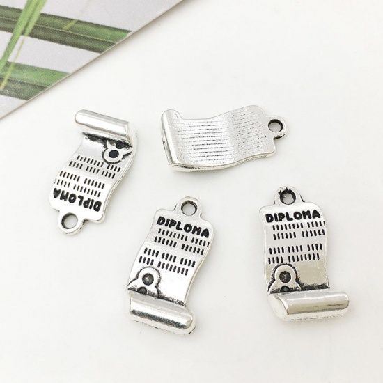 Picture of Zinc Based Alloy College Jewelry Charms Antique Silver Color Diploma Message " CONGRATS DIPLOMA " 17mm x 9mm, 20 PCs