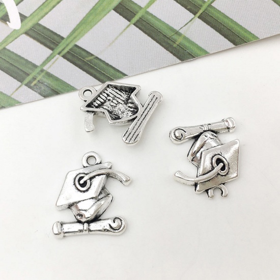 Picture of Zinc Based Alloy College Jewelry Charms Antique Silver Color Doctorial Hat 16mm x 15mm, 20 PCs