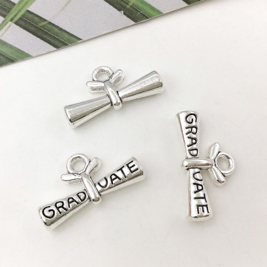 Picture of Zinc Based Alloy College Jewelry Charms Antique Silver Color Diploma 22mm x 13mm, 20 PCs