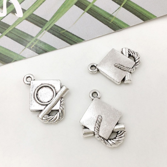 Picture of Zinc Based Alloy College Jewelry Charms Antique Silver Color Doctorial Hat 20mm x 14mm, 20 PCs