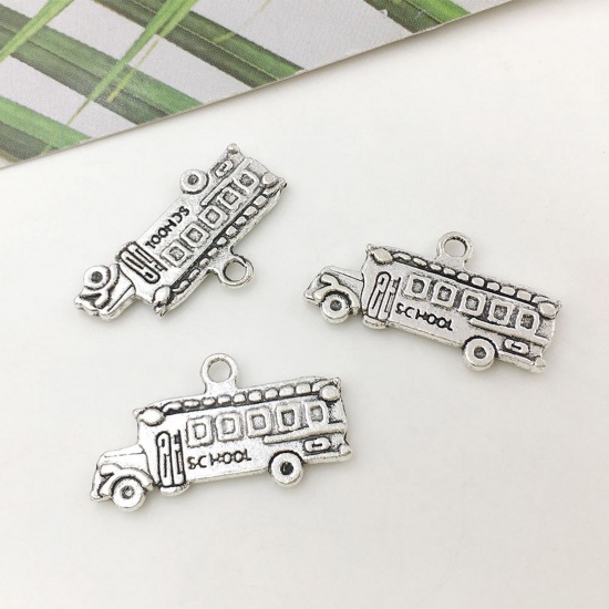 Picture of Zinc Based Alloy College Jewelry Charms Antique Silver Color Bus 23mm x 12mm, 20 PCs