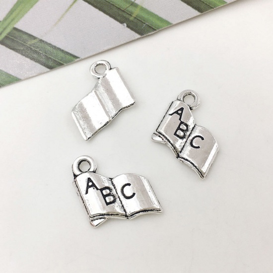 Picture of Zinc Based Alloy College Jewelry Charms Antique Silver Color Book Message " A B C " 11mm x 11mm, 20 PCs