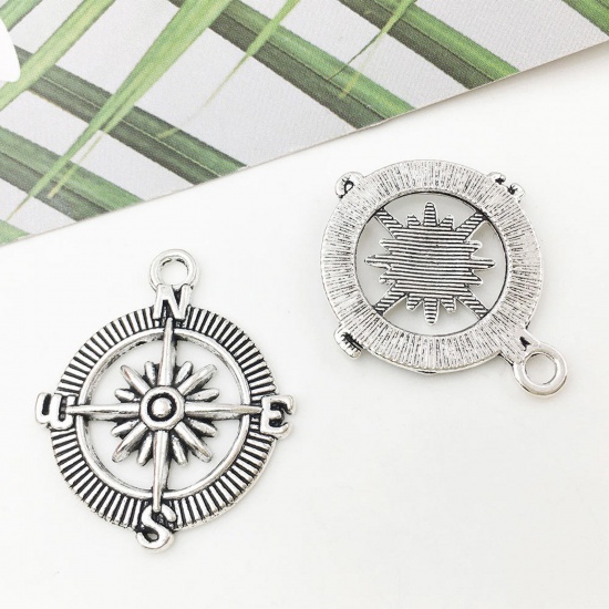 Picture of Zinc Based Alloy College Jewelry Charms Antique Silver Color Compass 29mm x 24mm, 20 PCs