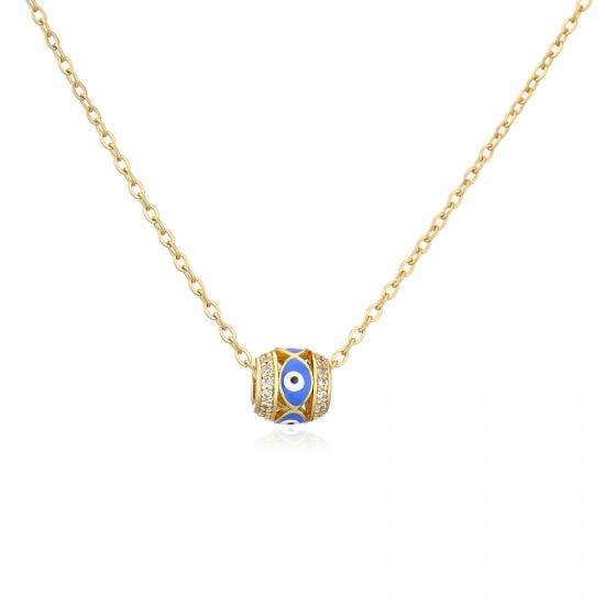 Picture of 304 Stainless Steel Religious Link Cable Chain Necklace Gold Plated Blue Cylinder Evil Eye Enamel 40cm(15 6/8") long, 1 Piece