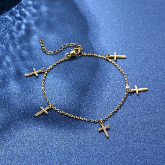 Immagine di 304 Acciaio Inossidabile Elegante Cavo Catena Braccialetti Oro Placcato Croce 17cm Lunghezza, 1 Pz