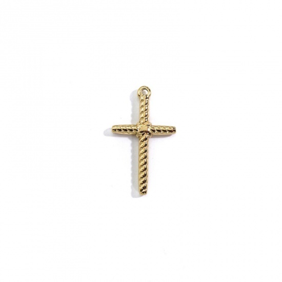 Picture of 304 Stainless Steel Religious Charms Gold Plated Cross Texture 15mm x 25.5mm, 1 Piece