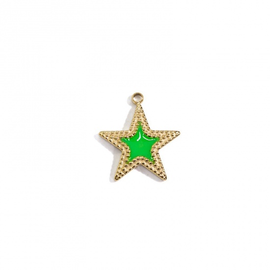 Picture of 304 Stainless Steel Charms Gold Plated Grass Green Pentagram Star Enamel 16mm x 18mm, 1 Piece