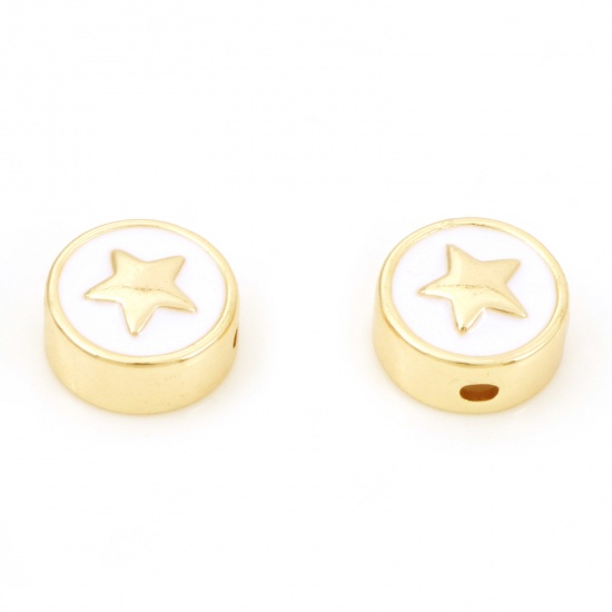 Picture of Brass Galaxy Beads Real Gold Plated Flat Round Pentagram Star Enamel About 10mm Dia, Hole: Approx 2mm, 2 PCs                                                                                                                                                  