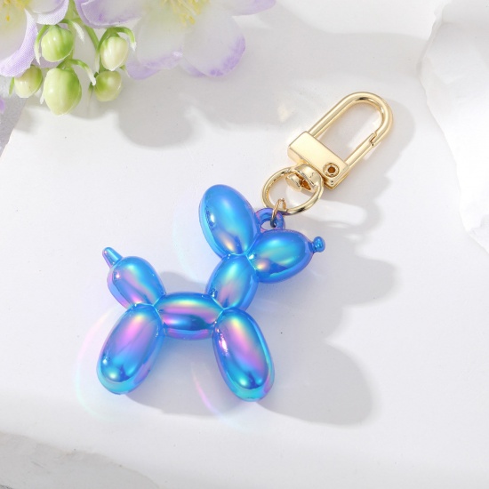 Picture of Resin Stylish Keychain & Keyring Gold Plated Blue Balloon Dog Laser 7cm x 4cm, 1 Piece