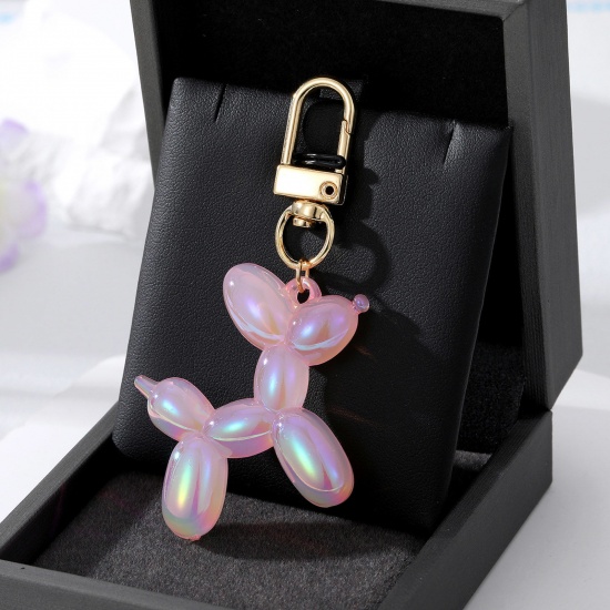 Picture of Resin Stylish Keychain & Keyring Gold Plated Pink Balloon Dog Laser 7cm x 4cm, 1 Piece