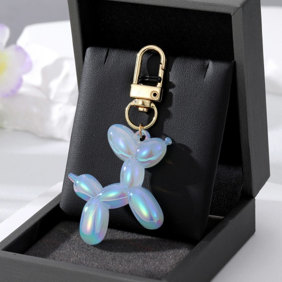 Picture of Resin Stylish Keychain & Keyring Gold Plated Light Blue Balloon Dog Laser 7cm x 4cm, 1 Piece