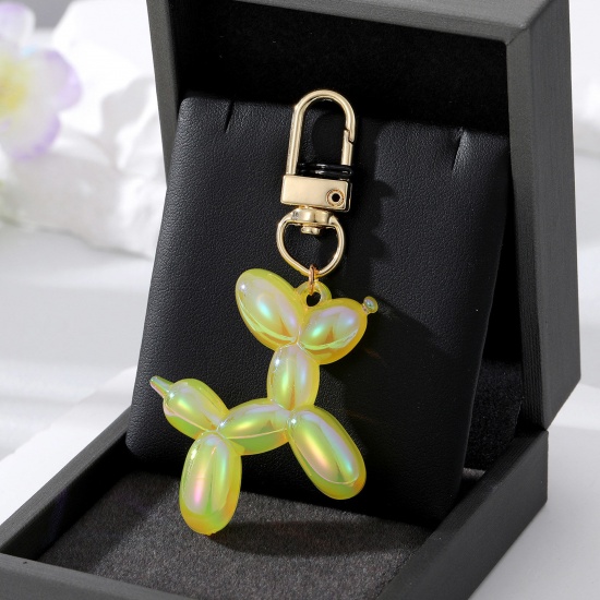 Picture of Resin Stylish Keychain & Keyring Gold Plated Yellow Balloon Dog Laser 7cm x 4cm, 1 Piece