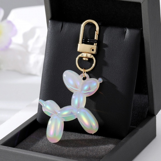 Picture of Resin Stylish Keychain & Keyring Gold Plated White Balloon Dog Laser 7cm x 4cm, 1 Piece