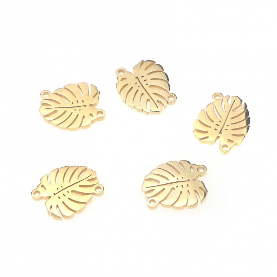 Picture of 1 Piece 304 Stainless Steel Connectors Charms Pendants 18K Gold Color Monstera Leaf Hollow 14mm x 16mm