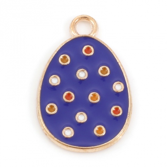 Picture of Zinc Based Alloy Easter Day Charms Gold Plated Dark Blue Egg Dot Enamel 22mm x 14mm, 20 PCs