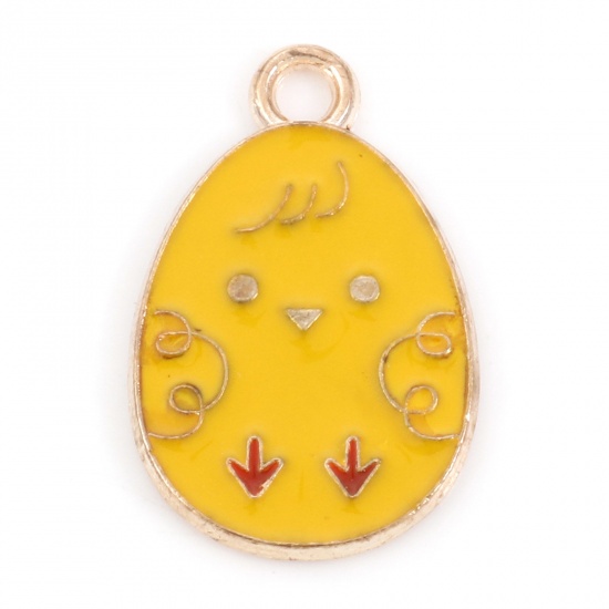 Picture of Zinc Based Alloy Easter Day Charms Gold Plated Yellow Egg Chicken Enamel 22mm x 14mm, 20 PCs