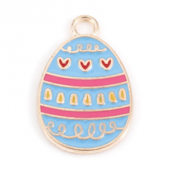 Picture of Zinc Based Alloy Easter Day Charms Gold Plated Blue Egg Stripe Enamel 22mm x 14mm, 20 PCs