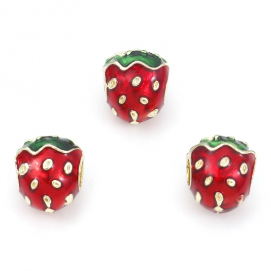 Picture of Zinc Based Alloy European Style Large Hole Charm Beads Gold Plated Strawberry Fruit Enamel 13mm x 11mm, Hole: Approx 4mm, 5 PCs