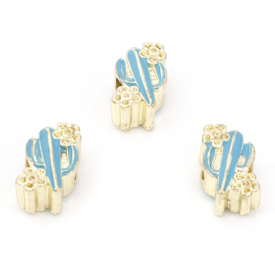 Picture of Zinc Based Alloy European Style Large Hole Charm Beads Gold Plated Cactus Enamel 14mm x 12mm, Hole: Approx 4mm, 5 PCs