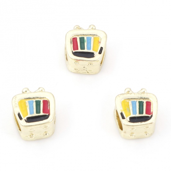 Picture of Zinc Based Alloy European Style Large Hole Charm Beads Gold Plated Television Rainbow Enamel 11mm x 9mm, Hole: Approx 4.2mm, 5 PCs