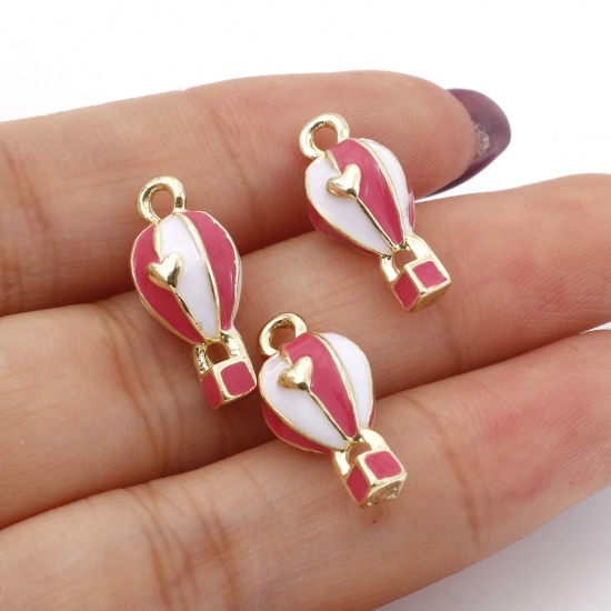 Picture of Zinc Based Alloy Travel Charms Gold Plated Pink Fire Balloon Heart Enamel 19mm x 9mm, 5 PCs