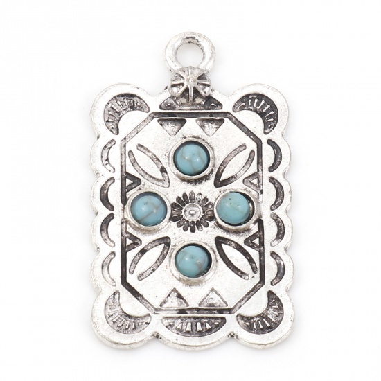 Picture of Zinc Based Alloy Boho Chic Bohemia Pendants Antique Silver Color Green Blue Rectangle Carved Pattern With Resin Cabochons Imitation Turquoise 3.3cm x 1.9cm, 5 PCs