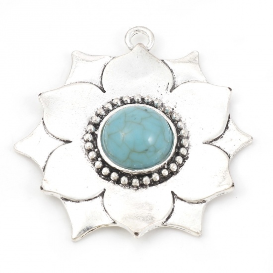 Picture of Zinc Based Alloy Boho Chic Bohemia Pendants Antique Silver Color Green Blue Flower Leaves With Resin Cabochons Imitation Turquoise 4.8cm x 4.7cm, 2 PCs