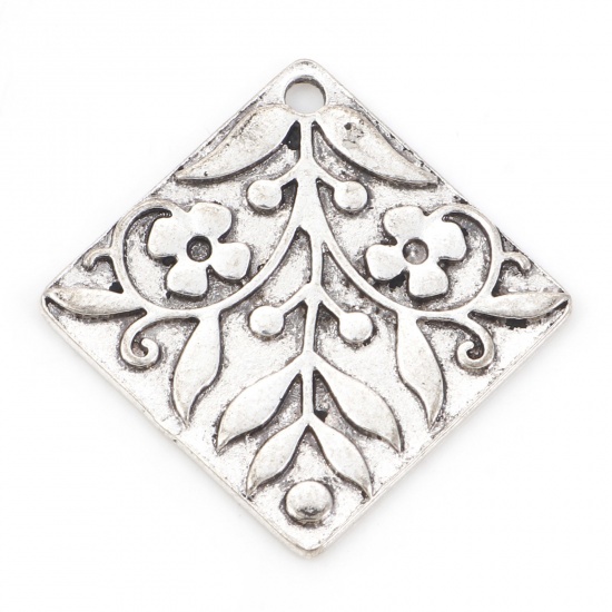 Picture of Zinc Based Alloy Pendants Antique Silver Color Rhombus Flower Vine 3.3cm x 3.3cm, 5 PCs