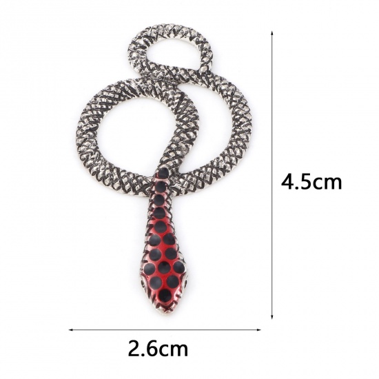 Picture of Zinc Based Alloy Pendants Antique Silver Color Red Snake Animal Enamel 4.5cm x 2.6cm, 5 PCs