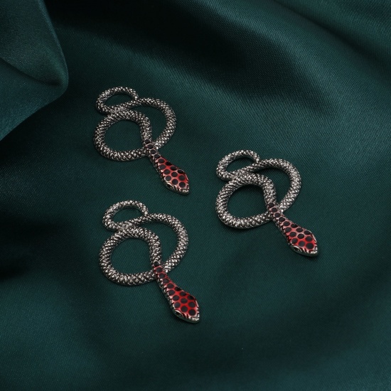 Picture of Zinc Based Alloy Pendants Antique Silver Color Red Snake Animal Enamel 4.5cm x 2.6cm, 5 PCs