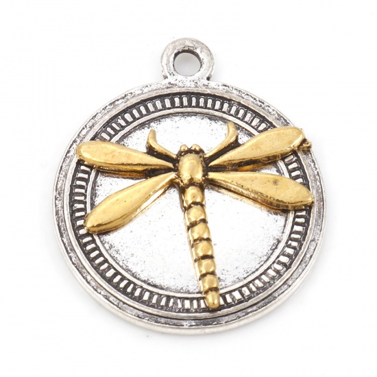 Picture of Zinc Based Alloy Insect Charms Gold Tone Antique Gold & Antique Silver Color Two Tone Round Dragonfly 25mm x 21.5mm, 10 PCs