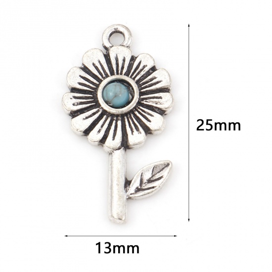 Picture of Zinc Based Alloy Boho Chic Bohemia Charms Antique Silver Color Green Blue Sunflower With Resin Cabochons Imitation Turquoise 25mm x 13mm, 10 PCs
