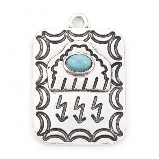 Picture of Zinc Based Alloy Boho Chic Bohemia Pendants Antique Silver Color Green Blue Rectangle Moon With Resin Cabochons Imitation Turquoise 3.3cm x 2.3cm, 5 PCs