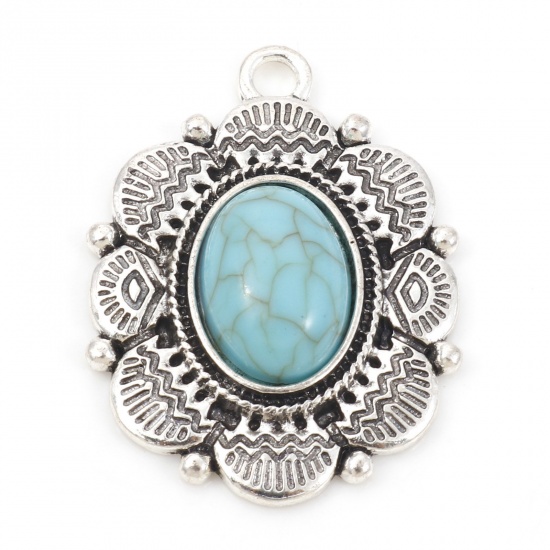 Picture of Zinc Based Alloy Boho Chic Bohemia Pendants Antique Silver Color Green Blue Oval Carved Pattern With Resin Cabochons Imitation Turquoise 3.4cm x 2.5cm, 5 PCs