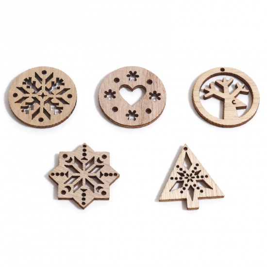 Picture of Wood Embellishments Scrapbooking At Random Mixed Natural Christmas Snowflake Pattern 3cm Dia. - 3x2.7cm, 1 Packet( 50 PCs/Packet)