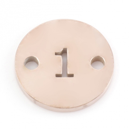 Picture of 304 Stainless Steel Connectors Rose Gold Round Message " 1 " Hollow 10mm Dia., 2 PCs