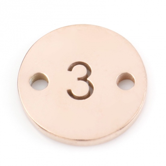 Picture of 304 Stainless Steel Connectors Rose Gold Round Message " 3 " Hollow 10mm Dia., 2 PCs