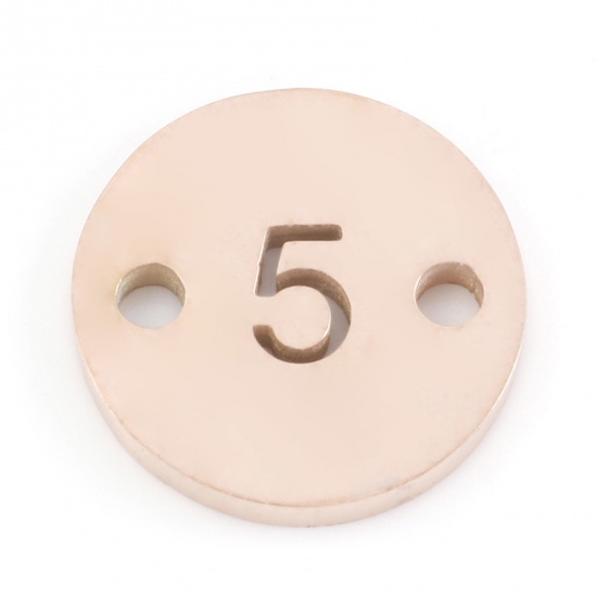 Picture of 304 Stainless Steel Connectors Rose Gold Round Message " 5 " Hollow 10mm Dia., 2 PCs