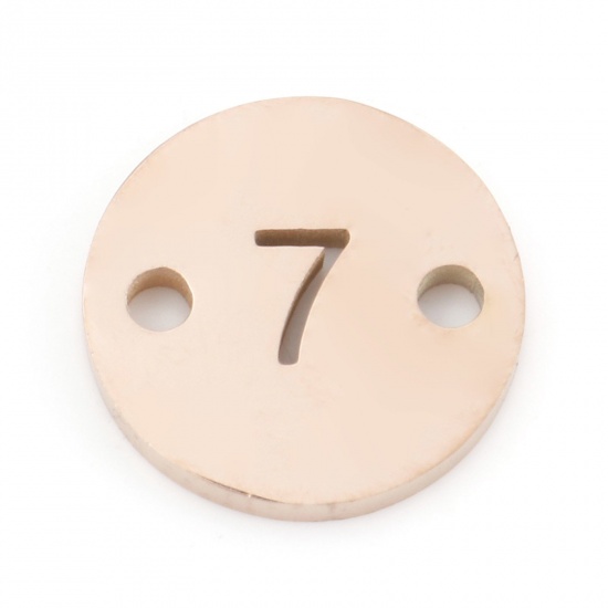 Picture of 304 Stainless Steel Connectors Rose Gold Round Message " 7 " Hollow 10mm Dia., 2 PCs