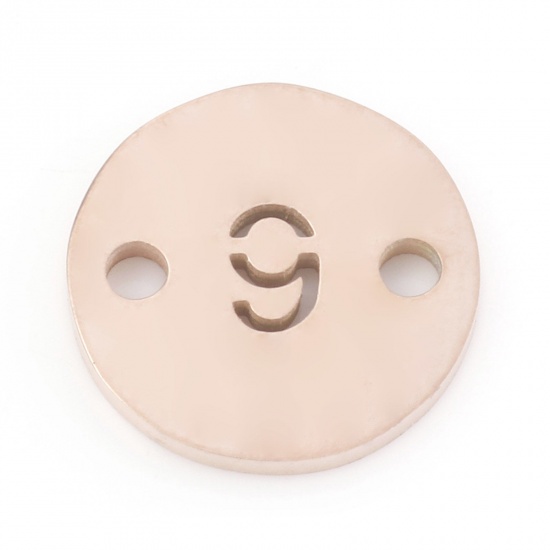 Picture of 304 Stainless Steel Connectors Rose Gold Round Message " 9 " Hollow 10mm Dia., 2 PCs