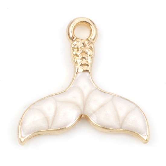 Picture of Zinc Based Alloy Charms Gold Plated Creamy-White Fishtail Enamel 16.5mm x 16mm, 20 PCs