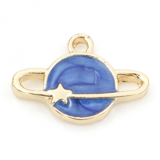 Picture of Zinc Based Alloy Charms Gold Plated Dark Blue Universe Planet Enamel 16mm x 11.5mm, 20 PCs